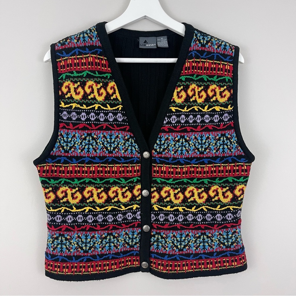Vintage Liz Wear Multicolored Print Cotton Sweater Vest - Picture 1 of 5